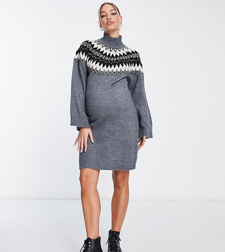 Mamalicious Maternity - Vestito maglia a trecce grigio con motivo Fair Isle - Mama.licious - Modalova