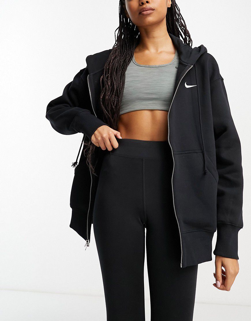 Felpa con cappuccio oversize nera e bianca con logo piccolo e zip - Nike - Modalova