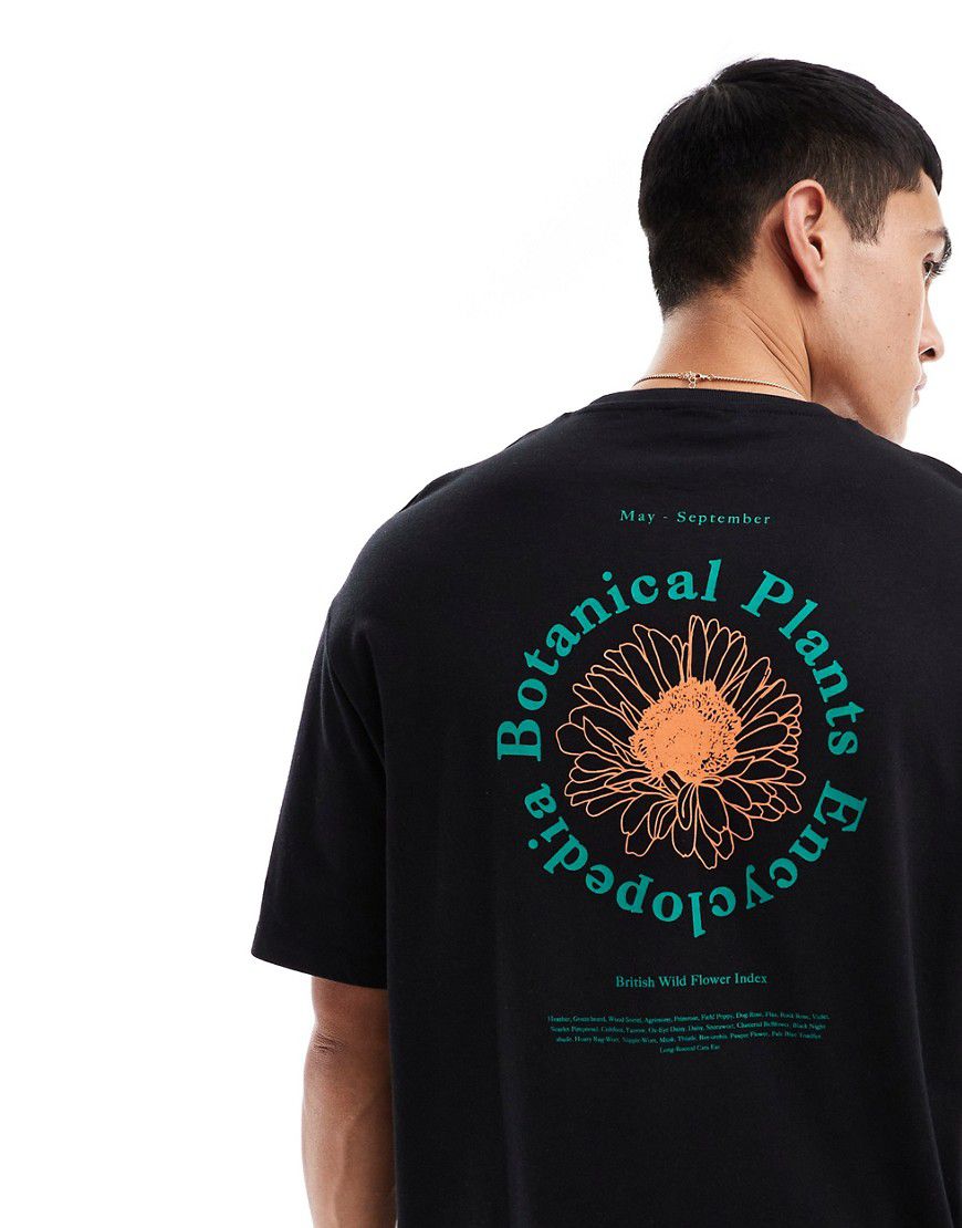 T-shirt oversize nera con stampa botanica circolare sulla schiena - Selected Homme - Modalova