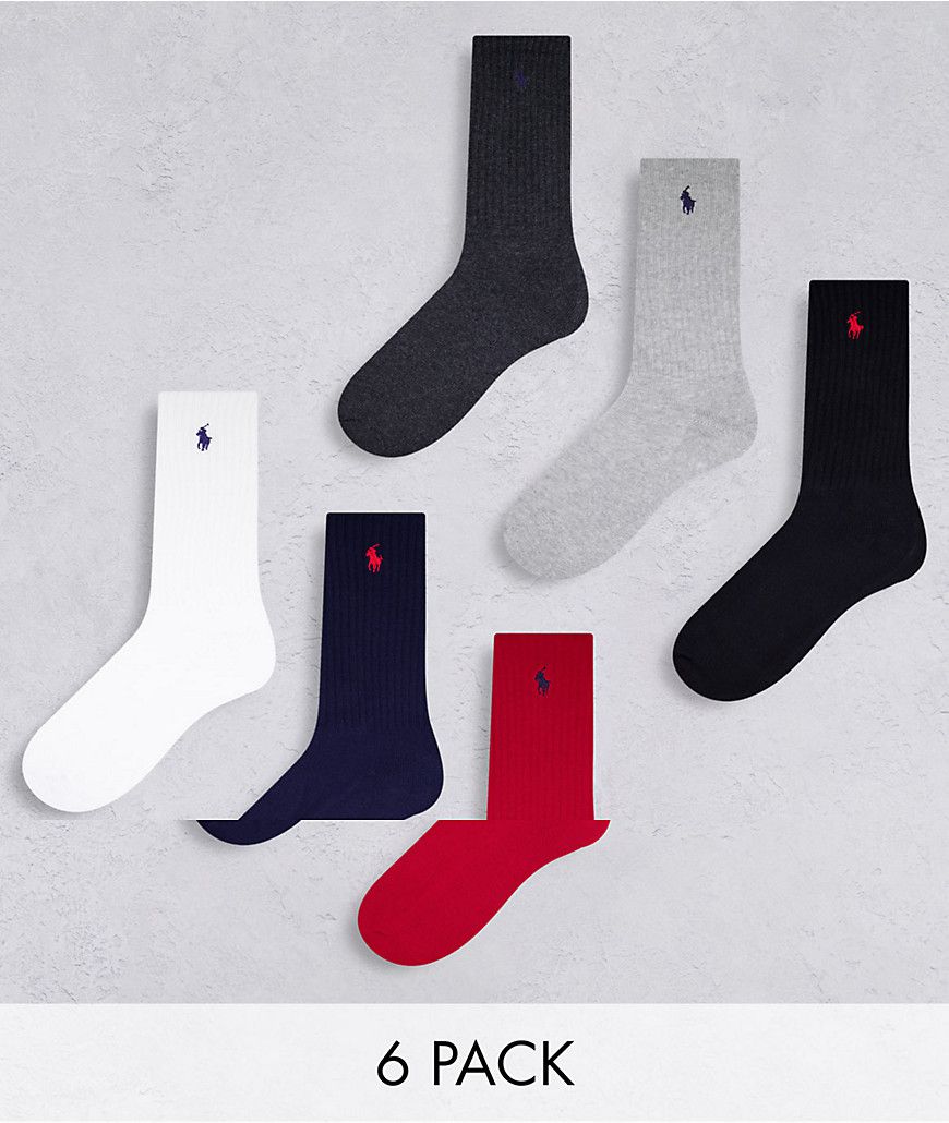 Confezione da sei paia di calzini sportivi in nero, rosso, blu navy, grigio, bianco con logo - Polo Ralph Lauren - Modalova