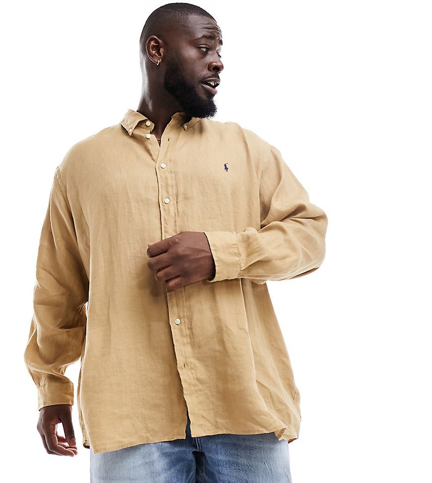 Big & Tall - Icon - Camicia classica oversize in lino color cuoio con logo - Polo Ralph Lauren - Modalova