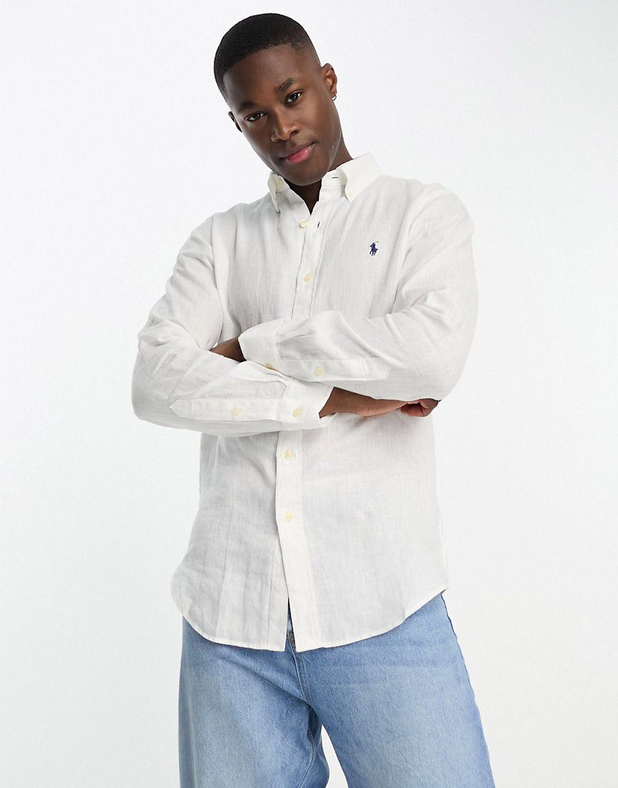 Icon - Camicia custom fit in lino bianca con logo - Polo Ralph Lauren - Modalova