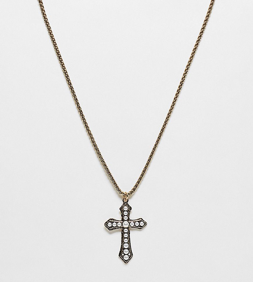 Collana unisex dorata con ciondolo a croce con perle - Reclaimed Vintage - Modalova