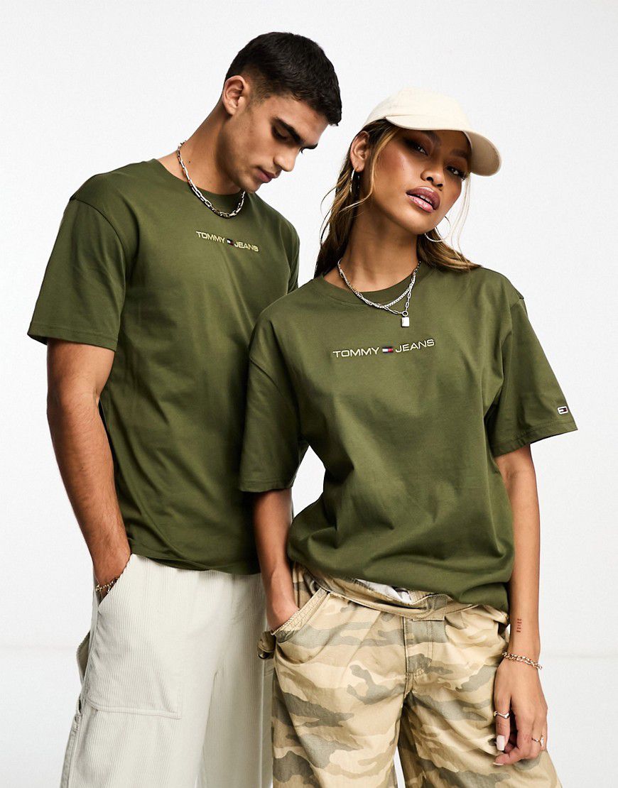 T-shirt unisex vestibilità classica oliva con logo lineare - Tommy Jeans - Modalova