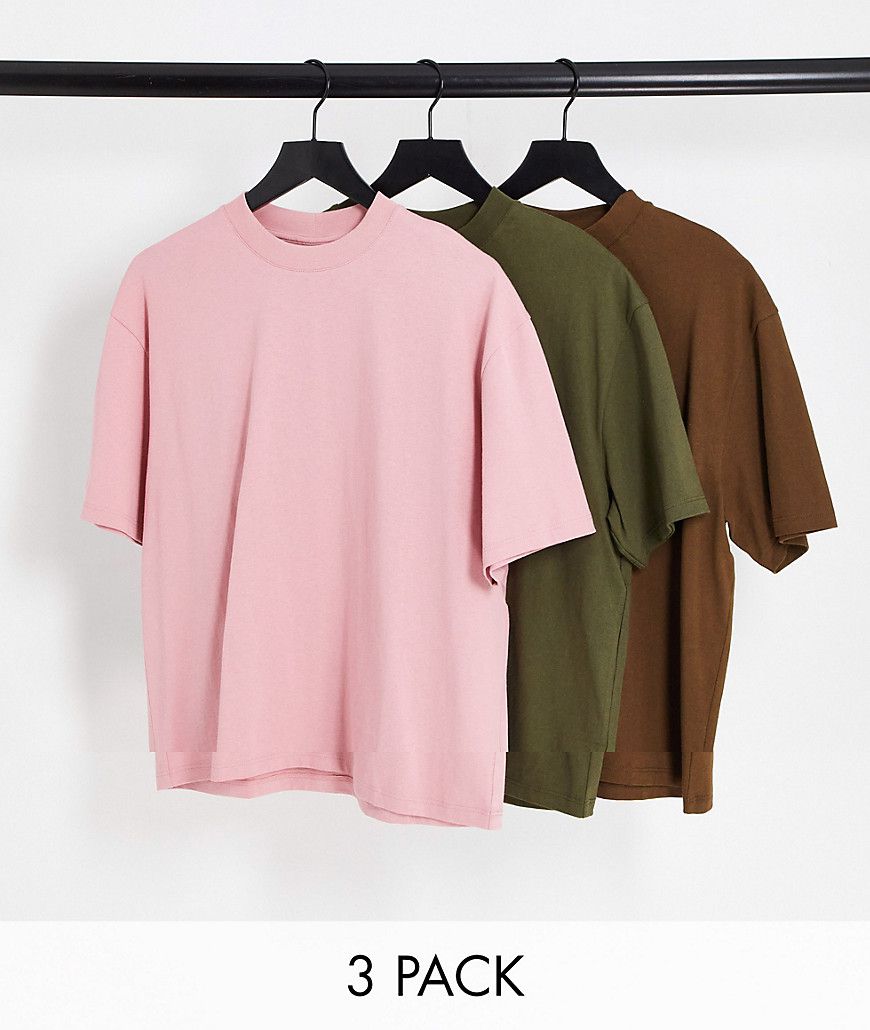 Confezione da 3 t-shirt oversize marrone, kaki acceso e rosa - Topman - Modalova