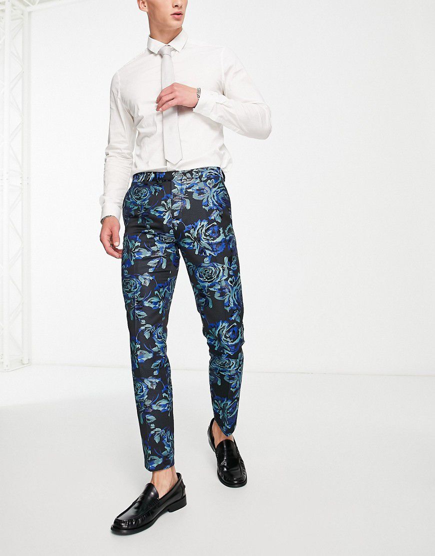 Owsley - Pantaloni da abito neri con motivo jacquard floreale verde-azzurro e menta - Twisted Tailor - Modalova