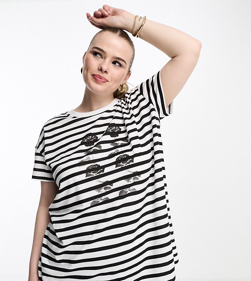 T-shirt nera e bianca a righe con stampa di rose - Yours - Modalova