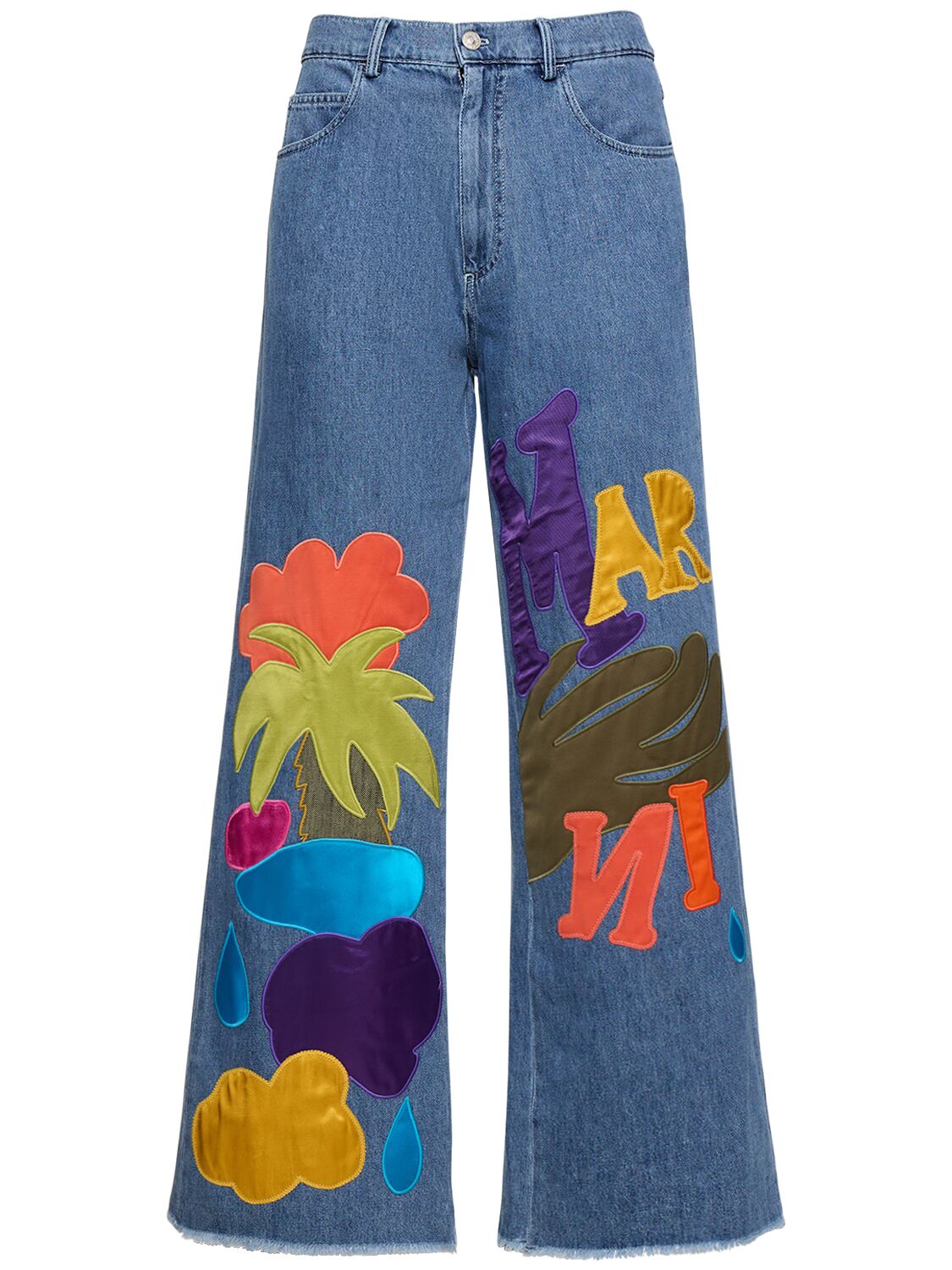 Pantaloni Larghi In Denim Di Cotone Con Stampa - MARNI - Modalova